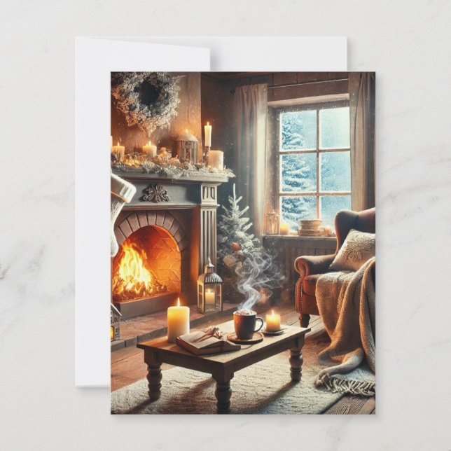 En mysig vinterscen vid den varma brasan tack kort (Framsida)
