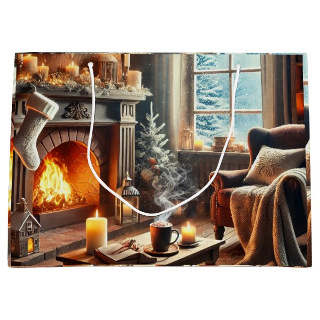 En mysigt vinterscen vid varma kaminen (Framsidan)