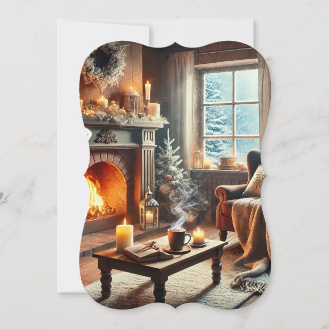 En mysigt vinterscen vid varma kaminen (Framsida)