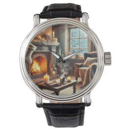 En mysigt vinterscen vid varma kaminen armbandsur