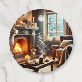 En mysigt vinterscen vid varma kaminen gåvor etiketter