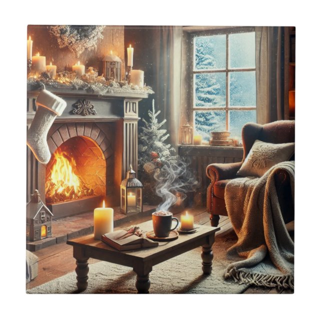 En mysigt vinterscen vid varma kaminen kakelplatta (Framsidan)