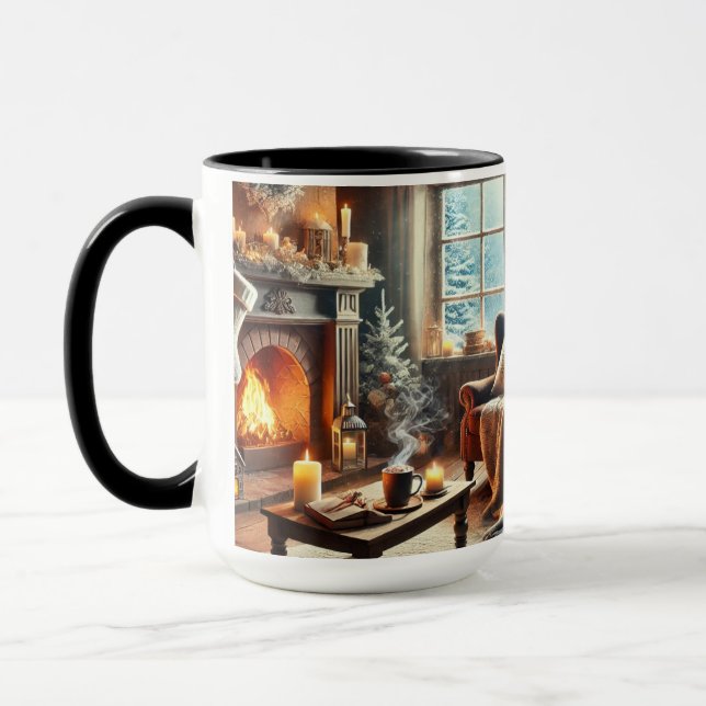 En mysigt vinterscen vid varma kaminen mugg (Vänster)