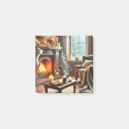 En mysigt vinterscen vid varma kaminen post-it block