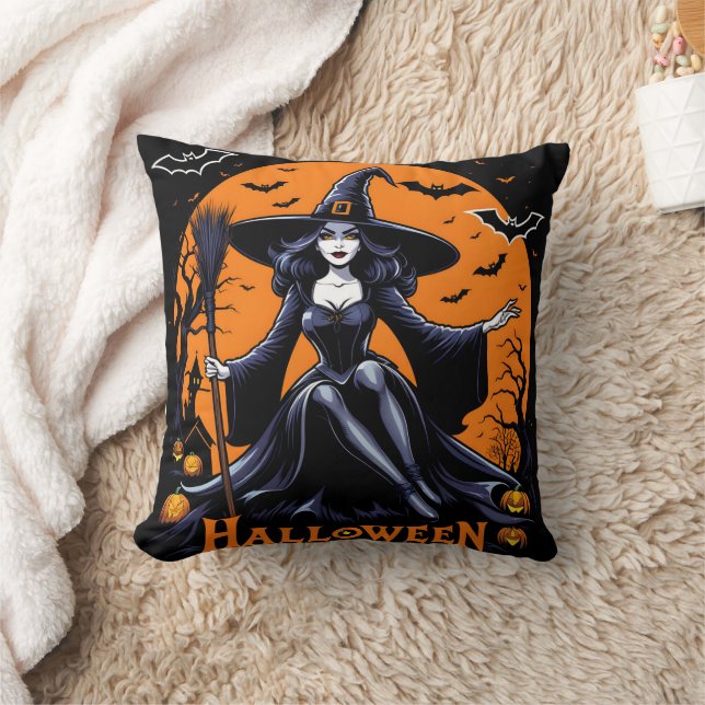 En mystisk häxa firar Halloween vid vriden ljus Kudde (Filt)