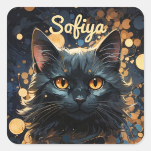 En mystisk majestät svart katt glitter namn fyrkantigt klistermärke