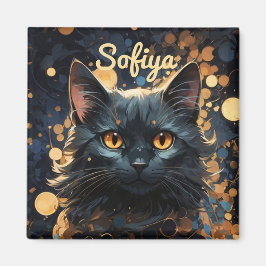 En mystisk majestät svart katt glitter namn magnet