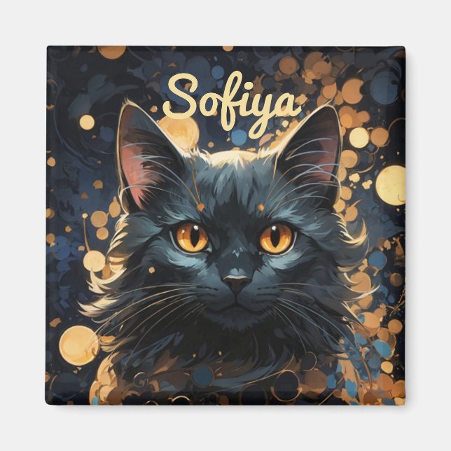 En mystisk majestät svart katt glitter namn magnet (Framsidan)