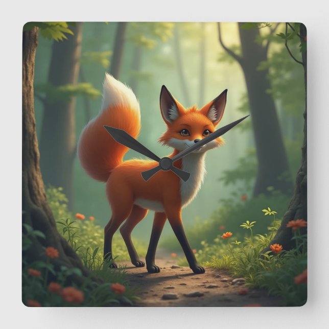 En mystisk räv som vandrar genom skogen fyrkantig klocka (Framsida)