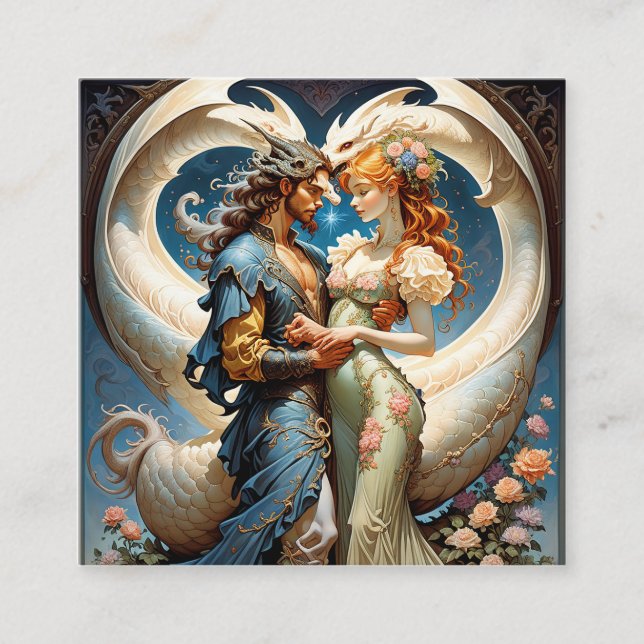 En mytisk halv drake och hans pärla med kärnflicka fyrkantigt visitkort (Framsida)