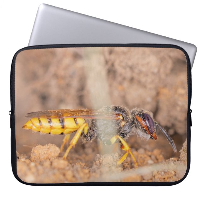 En närbildsfotografi av en geting laptop fodral (Framsidan)