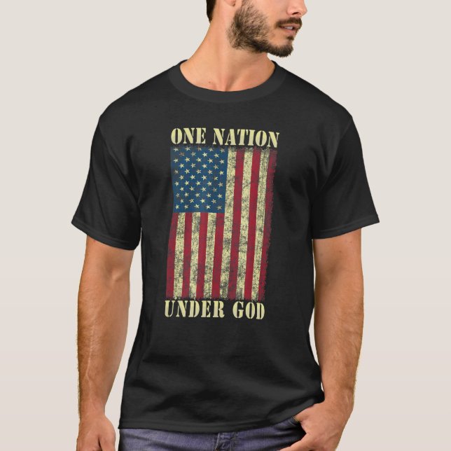 En nation under Gud 4:e juli Design USA flagga T Shirt (Framsida)