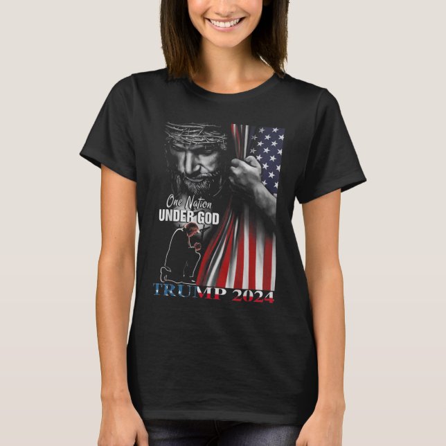 En nation under Gud Trump 2024 Guds amerikanska Fl T Shirt (Framsida)