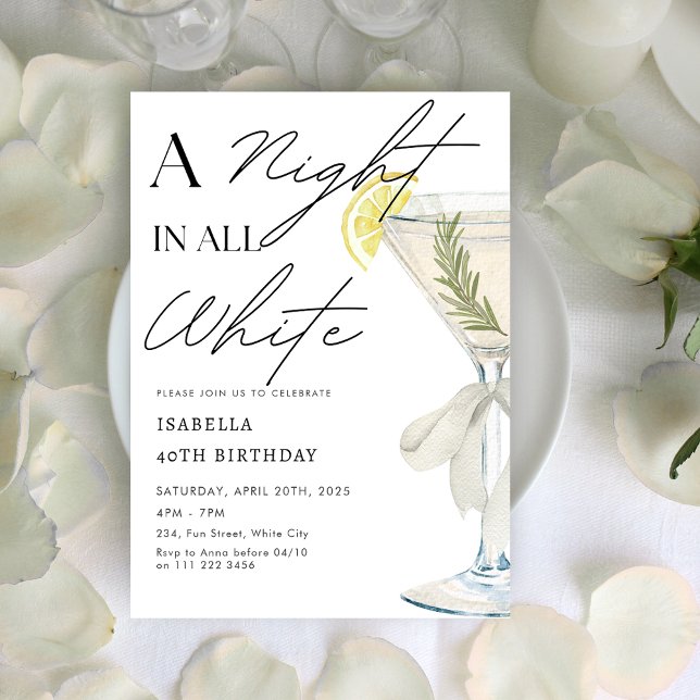 En natt i all vit Födelsedagsfest Inbjudningar (A Night in All White Birthday Party Invitation)