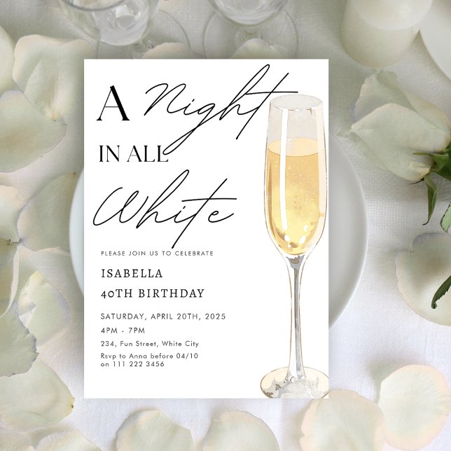 En natt i alla vita Party Champagne-födelsedag Inbjudningar (A Night in All White Party Champagne Birthday Invitation)
