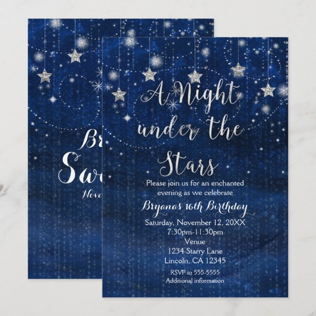 En natt under Stars Silver & Blue-inbjudan Inbjudningar (Fram/baksida)
