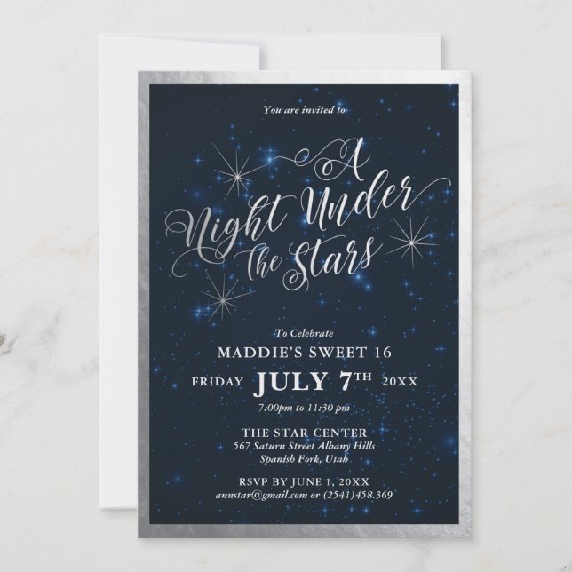 En natt under Stars Sweet sixteen Silver Inbjudningar (Framsida)