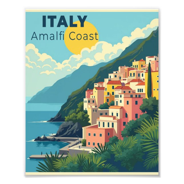 En Nostalgisk Klassisk Resaaffisch – Amalfi-kusten Fototryck (Framsidan)