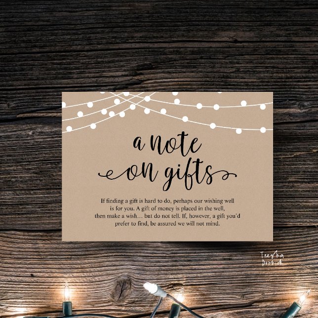 En notis om bröllopspresenter Rustik bröllopsdekor Tilläggskort (A Note On Gifts, Rustic Wedding Enclosure Card brown Kraft String Lights Honeymoon Fund, Cash)