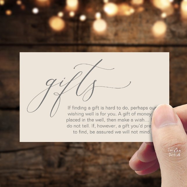 En notis om presenter, bröllops önskebrun, gå fond tilläggskort (Honeymoon Fund Wishing Well, Wish, A Note On Gifts Enclosure Card in Cream Grey)