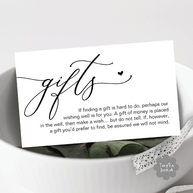 En notis om presenter, Bröllopspengar Kontant Fond Tilläggskort (A note on gifts, Honeymoon Money Cash Fund Modern Romantic Heart Enclosure Card in Black White)
