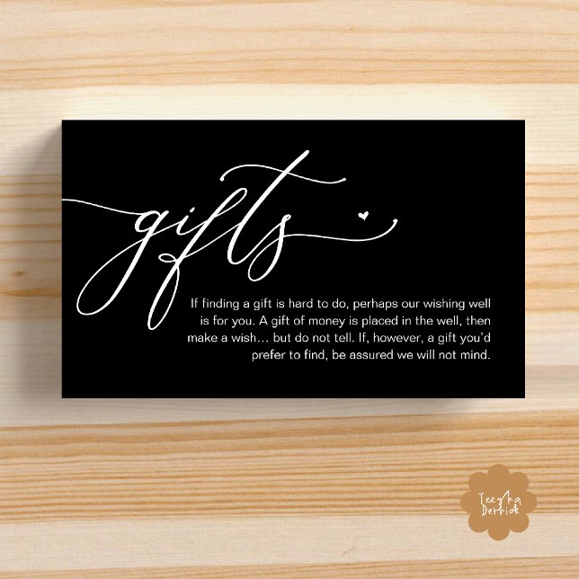 En notis om presenter, Modern Romantisk Bröllop Tilläggskort (A note on gifts, Modern Romantic Wedding Enclosure Card Cute Heart Honeymoon Cash Classy Black White)
