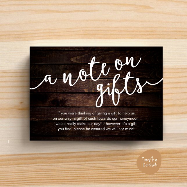 En notis om presenter, önskemål om kontanter till  tilläggskort (A Note On Gifts, Honeymoon Fund Cash Wish Enclosure Card Rustic Dark Wood )