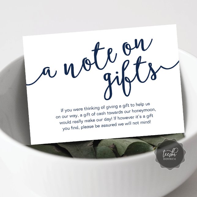 En notis om presenter, önskemål om kontanter till  tilläggskort (A Note On Gifts, Honeymoon Fund Cash Wish Modern Rustic Enclosure Card in Navy Blue)