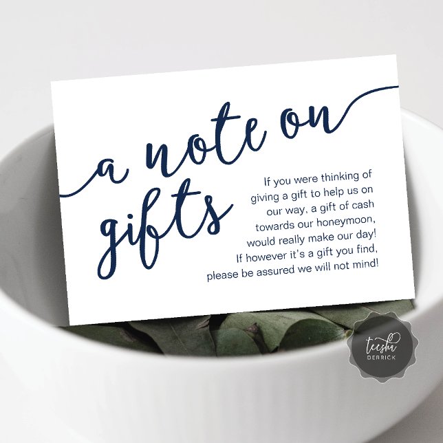 En notis om presenter, önskemål om kontanter till  tilläggskort (A Note On Gifts, Honeymoon Fund Cash Wish Modern Rustic Enclosure Card in Navy Blue)