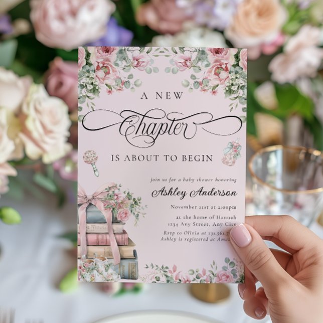 En ny kapitel-Blommigt för babykläder för Rosa Inbjudningar (Skapare uppladdad)