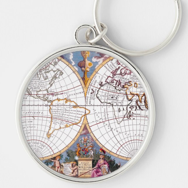 En ny Karta i den Terraquous Globe Keychain Rund Silverfärgad Nyckelring (Framsidan)