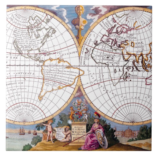 En ny Karta i den Terraquous Globe Tile Kakelplatta (Framsidan)