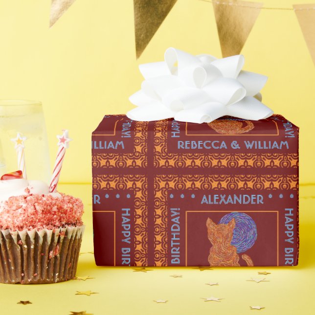 En Orange och Måne-katt över Personligen Presentpapper (Födelsedagsfest)