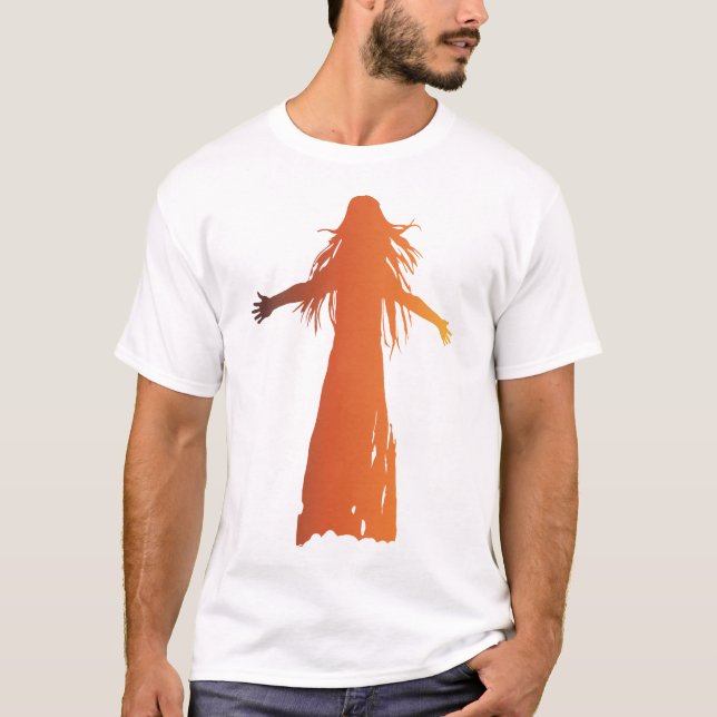 En orange-tonad silhuett kvinna som flödar hår t shirt (Framsida)