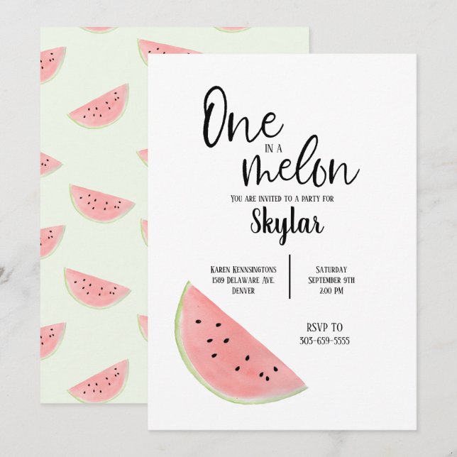 En på en Melon Birthday-inbjudan till flicka eller Inbjudningar (Fram/baksida)