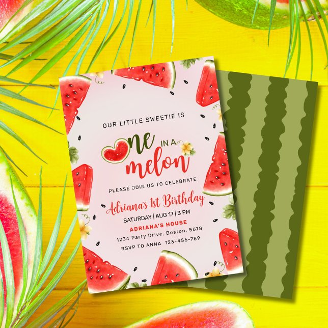 En på Melon 1:a födelsedag Inbjudningar (One in a Melon  Watermelon Slice Invitation – Cute, Editable & Perfect for Summer Parties!")