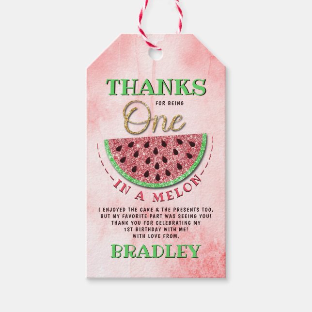 En på Melon 1:a födelsedagen Tack Presentetikett (Framsidan)