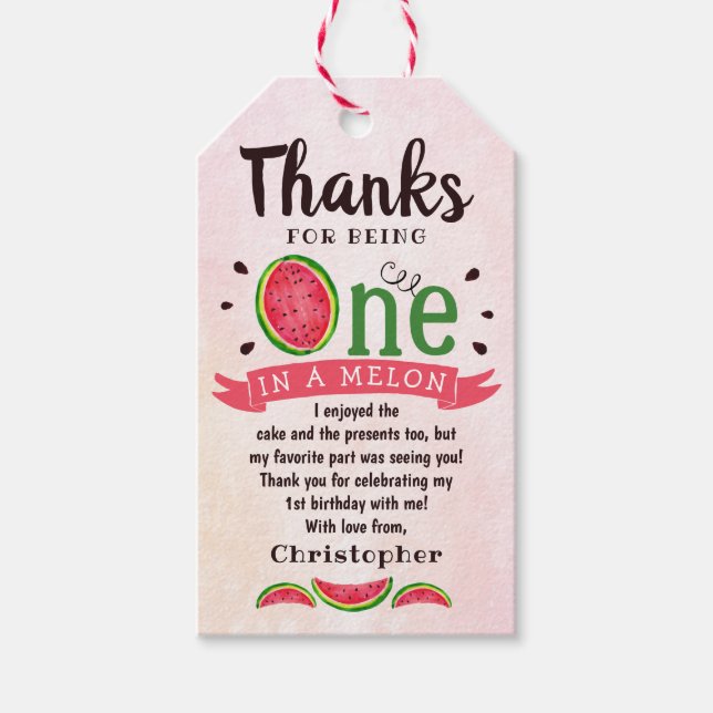 En på Melon 1:a födelsedagen Tack Presentetikett (Framsidan)