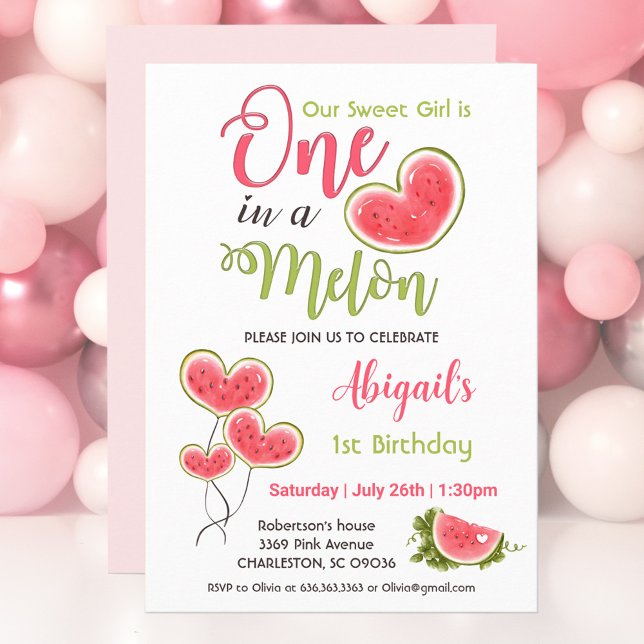 En på Melon Rosa 1:a födelsedagsinbjudan till flic Inbjudningar (One in a melon girls' 1st Birthday invitation in pink, white and green, watermelon in heart shape,)