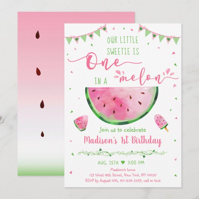 En på Melon Rosa Grönt Watermelon Birthday Inbjudningar (Fram/baksida)