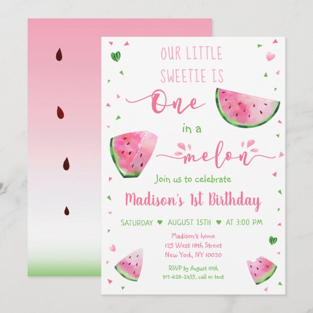 En på Melon Watermelon Rosa Grönt Birthday Inbjudningar (Fram/baksida)