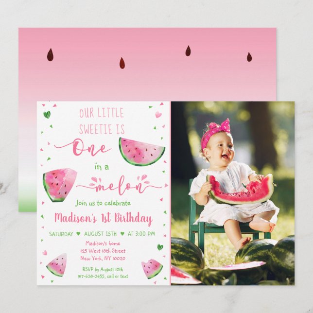 En på Melon Watermelon Rosa Grönt Birthday Inbjudningar (Fram/baksida)