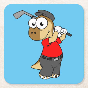 En Pachycephalosaurus Dinosaur spelar Golf. Underlägg Papper Kvadrat