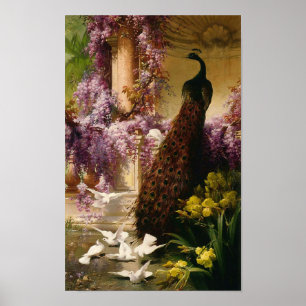 En påfågel och duvor i en trädgård , Eugene Bidau Poster