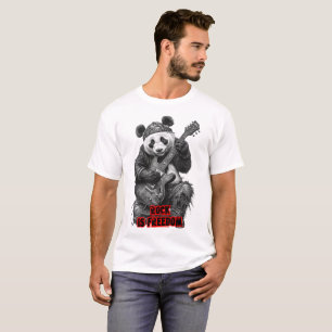 En Panda säger: Rock är Frihet på en Svart  T Shirt