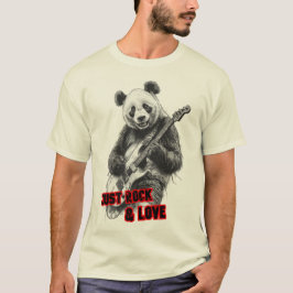 En panda som spelar rock med elgitarr på svart t shirt