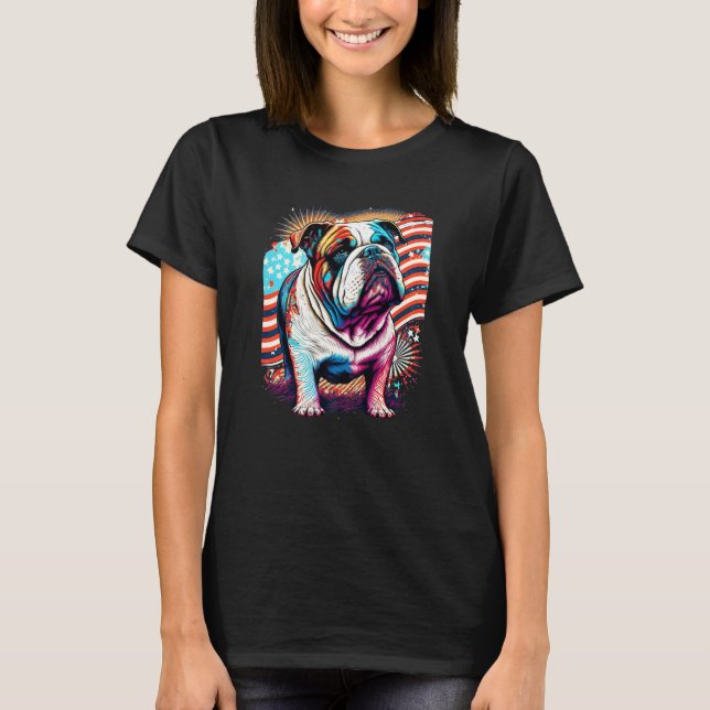 En patriotisk bulldogg och amerikansk flagga Premi T Shirt (Framsida)