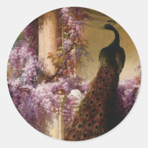 En peacock och Doves i en Garden Print Runt Klistermärke