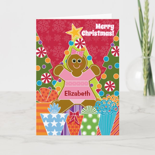 En pepparkakaflicka för jul tillfogar ett namn helgkort (Framsida)