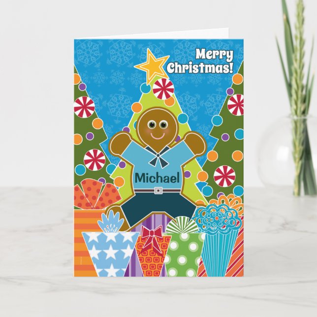 En pepparkakapojke för jul tillfogar ett namn helgkort (Framsida)